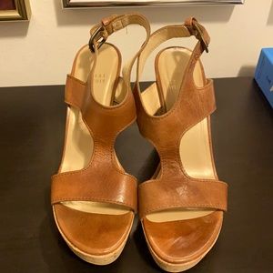 Stuart Weitzman Brown Leather Cork Wedge Sandals